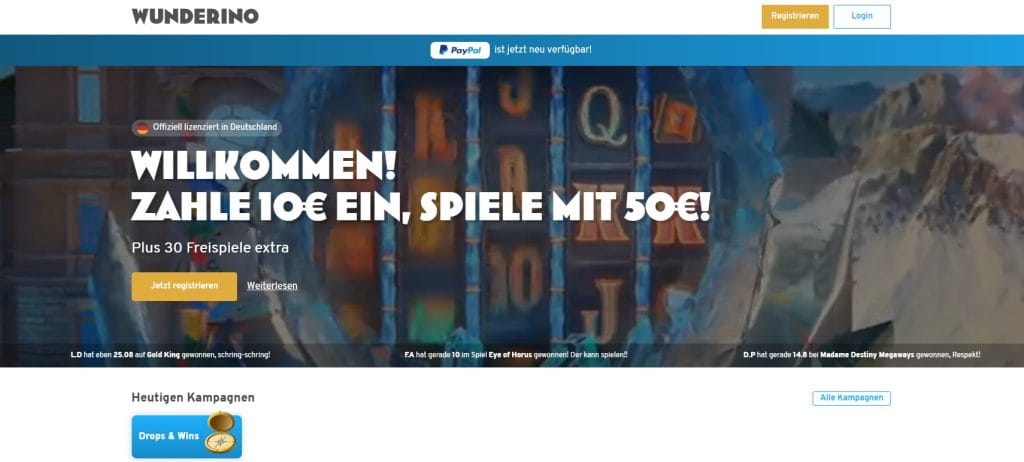 Wunderino Casino Webseite