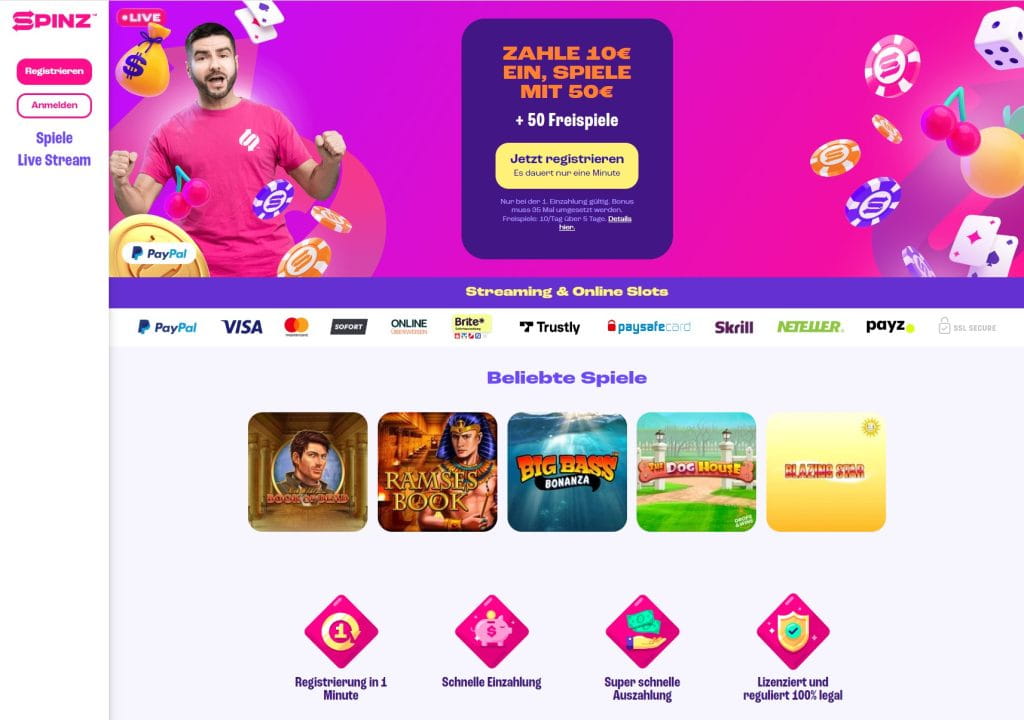 Spinz Casino Webseite